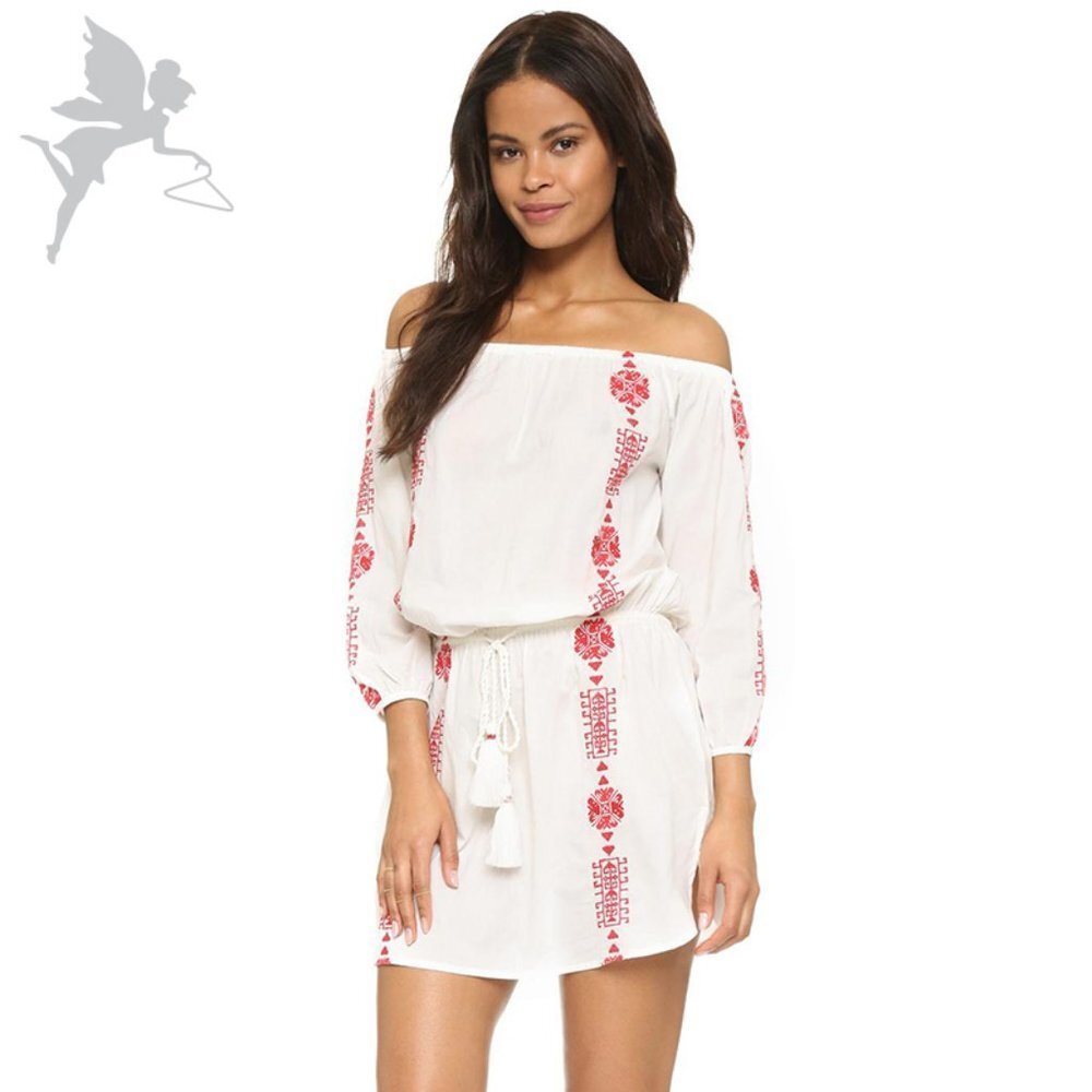 PAMPELONE Bardot Embroidered Off the Shoulder Dress